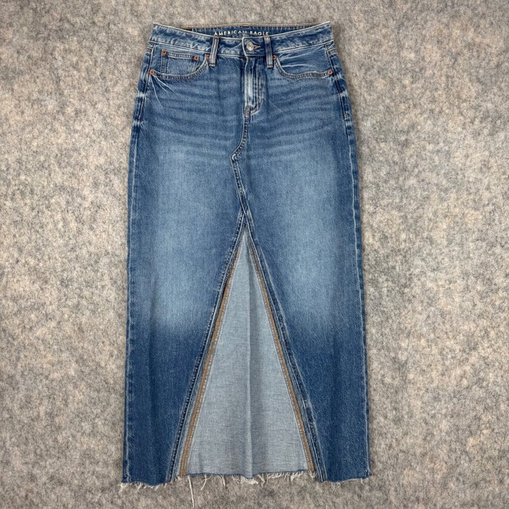 American Eagle Denim Maxi Skirt Size 0 Low Rise Raw Hem